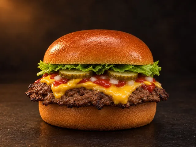 Cheeseburger: Ketchup-Senf-Sauce · Cheddar