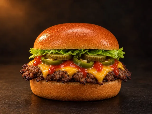 Chilli-Cheese Smash Burger: Hot Sauce · Jalapeños