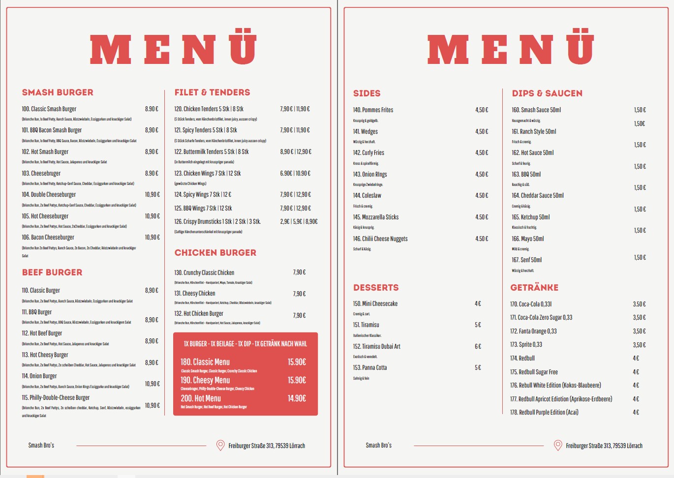 Speisekarte von Smash Bro's